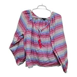 J Crew Metallic Stripe Boho Peasant Top L Tassel Tie Pastel Blouse